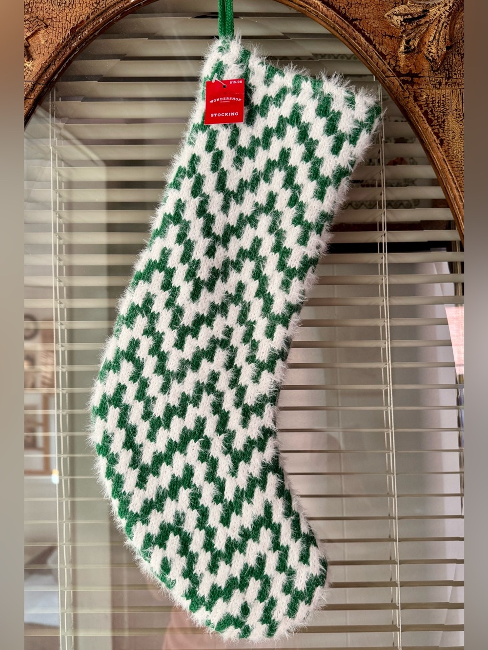 Wondershop 20" Fuzzy Knit Chevron Christmas Stocking Green NWT